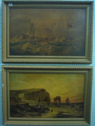 A pair of 19th Century oleographs "Sinking Ship with Lifeboat" and "Coastal Scene with Fishing Boat" 16" x 26"