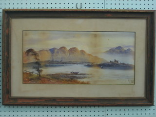 E Earp, watercolour drawing "Mountain Scene with Lake and Figures" 9" x 19"
