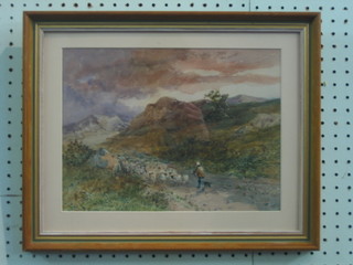 Watercolour drawing "Mountain Scene with Shepherd Driving Sheep" 9" x 12"