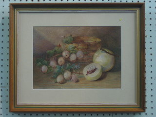19th Century watercolour drawing, still life study of fruit "Gooseberries and Peaches" 8" x 11"