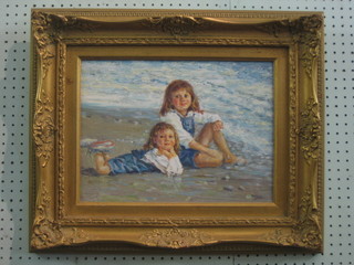 Modern oil painting on canvas "Two Girls by a Shore Line" 11" x 15", contained in a gilt frame
