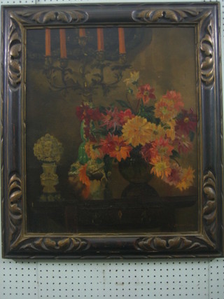 A K Wauchope, oil on canvas, still life study "Table with Candelabra and Vase of Flowers" 24" x 20" the reverse with Rowley Gallery label