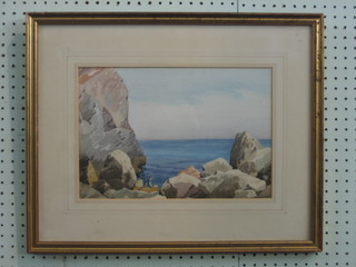 Joseph Milner, watercolour drawing "Coastal Rocky Outcrop with Figure" 9" x 13"