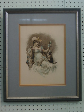 19th Century coloured print "Seated Lady with Two Kittens" 11" x 8 1/2"
