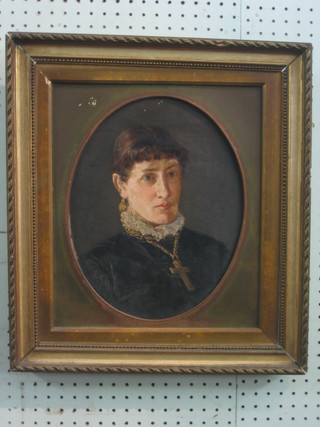 J M Bunfield, oil on board, head and shoulders portrait "Lady" 12" oval