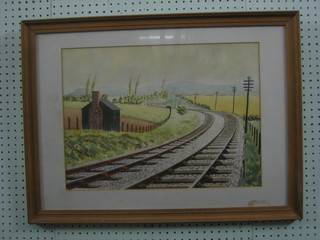 Watercolour drawing "Railway Line with Hills in Distance" 14" x 19", indistinctly signed
