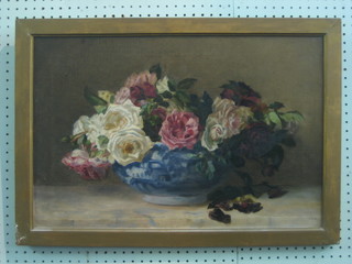 Oil on canvas, still life study "Vase of Flowers", monogrammed ENG 15" x 23"