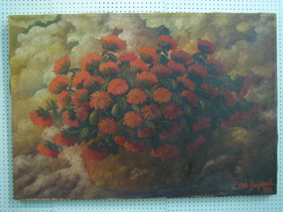 Emil Hujlund? oil on canvas, still life study "Chrysanthemums" 32 x 46" signed and dated 1919