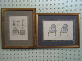 A set of 4 19th/20th Century French monochrome prints "Antique Furniture" 12" x 10" and 10" x 16" 