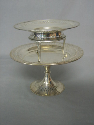 A circular pierced silver plated bowl raised on 3 feet and a circular pierced silver plated tazza (2)
