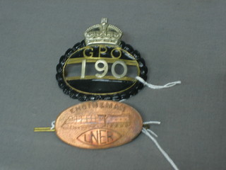 A copper LNER Engine Room badge, together with a GPO badge marked 190