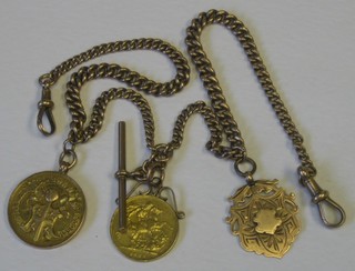 A 9ct gold double Albert curb link watch chain 15" hung an 1887 sovereign, a 9ct gold Durham FA medallion and 1 other medallion