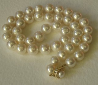 A rope of 42 freshwater pearls, approx 9.5mm in diameter, with gold clasp