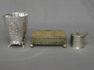 A circular Victorian embossed silver plated vase of waisted form raised on panelled feet 5", a silver plated mustard pot and a rectangular pierced silver plated trinket box