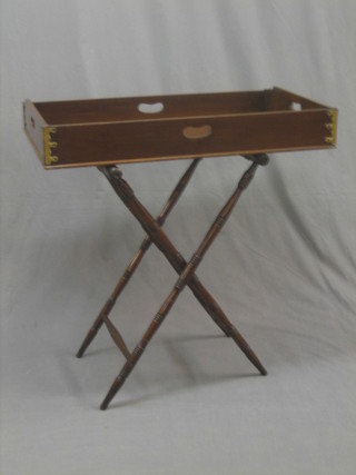 A Victorian rectangular mahogany Butler's tray, raised on a turned mahogany stand, 32"