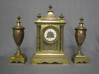 A 19th Century French gilt metal clock garniture, comprising a striking 8 day clock with enamelled dial and Roman numerals marked H.Azur A Paris contained in a gilt metal case surmounted by lidded flaming urns, together with a pair of matching urns and covers (handles missing, some damage)