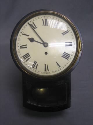A 19th Century fusee drop dial wall clock with 9" painted dial with Roman numerals and 4" back plate