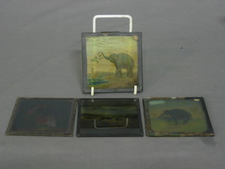 4 19th Century coloured magic lantern slides - 2 of an elephant, 1 of a vase of flowers and 1 of grass