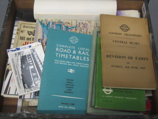 A 1939 London Transport Central Buses Division of Fares, a 1957-58 Green Line Coach Guide, a 1965 Time Tables for Country Buses and Coaches North West District London Transport, a 1967 Complete Local Road and Rail Time Tables and a collection of various ephemera relating to buses