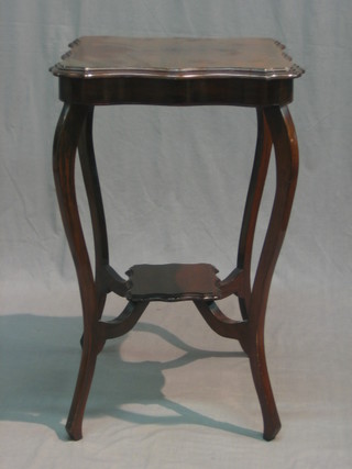 An Edwardian square mahogany 2 tier occasional table, raised on cabriole supports 18"
