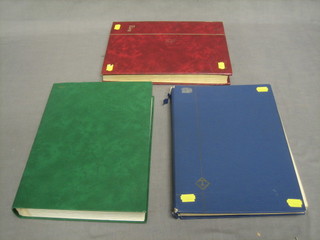 A green stock book of various GB stamps, a blue stock book of various World stamps and a brown stock book of World stamps
