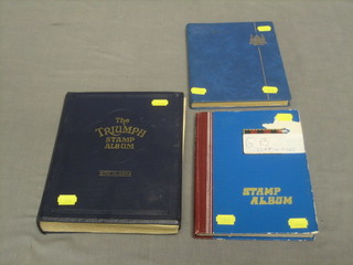 A Triumph album of World stamps and 2 blue stock books of British stamps