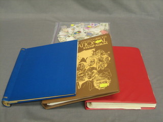 A red Stanley Gibbons World Dex stamp album, a brown Stanley Gibbons International stamp album and a blue Stamford Major stamp album together with a small collection of loose stamps