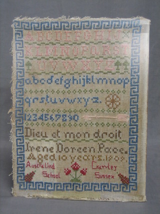 An early 20th Century sampler with alphabet, numbers and Latin motto by Irene Doreen Pace aged 10  years 1909 at Australind School Crawley Sussex, 16" x 12"