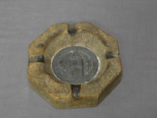 A stone ashtray made from war time bomb damaged Houses of Parliament with lead plaque to the centre 5"