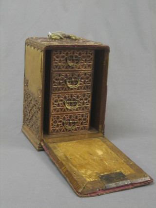 A 19th Century Continental oak, metal and red velvet casket containing 4 drawers, heavily decorated, 13"