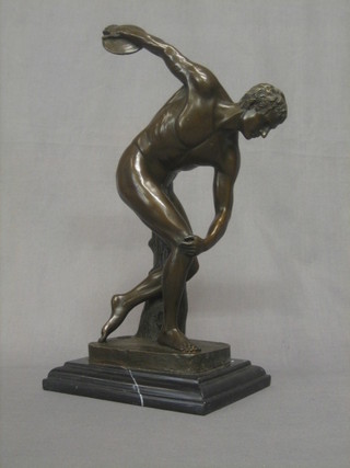 After the antique, a bronze figure of a classical discus thrower, raised on a marble base 15"