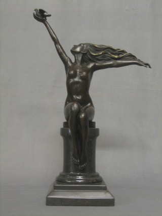A modern bronze figure of a seated girl with outstretched arms and Dove 17"