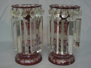 A pair of Victorian red glass lustres, hung clear glass lozenges with vinery decoration 7" (1 with chip to base and some chips to lustres