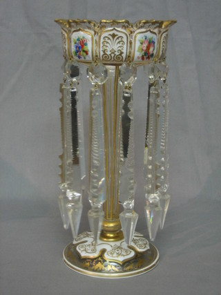 A Victorian enamel and etched glass lustre with floral decoration, hung cut glass lozenges 12"