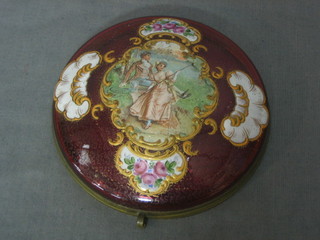 A Victorian red and enamelled glass jar lid decorated a romantic scene