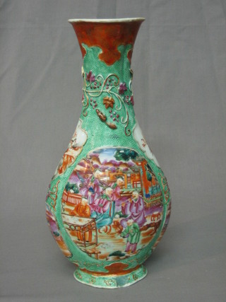 An Oriental famille vert club shaped vase decorated court figures (chip to base and chips to rim) 12"