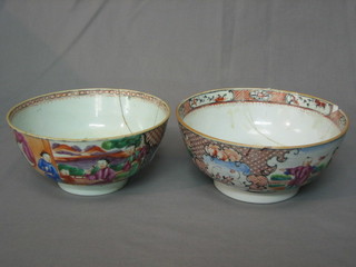 2 19th Century Oriental circular porcelain bowls decorated court figures 7" (both f)