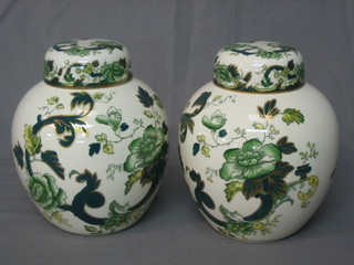 A pair of Masons Crabtree pattern green glazed ginger jars and covers 6"