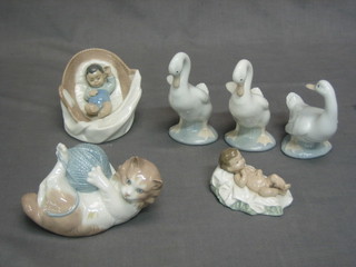 A Nao figure of a child in a cradle  4", do. kitten with ball of wool, do. reclining baby boy and 3  geese