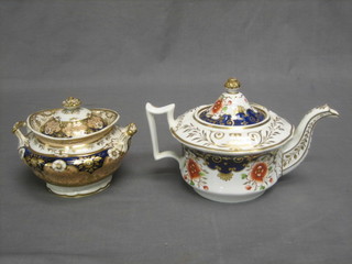 A 19th Century Rockingham style teapot and a circular porcelain twin handled sucrier and cover
