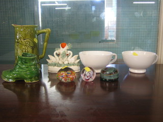 A 19th Century green glazed jug decorated a flying duck 8", a Staffordshire flat back figure decorated swans 5", 2 large breakfast cups, a green glazed model of shoe and 3 paperweights