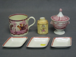 An 18th Century square porcelain caddy marked Green with floral decoration 3", a lustre mug 3 1/2", a red and white pottery urn and cover and 3 lozenge shaped dishes