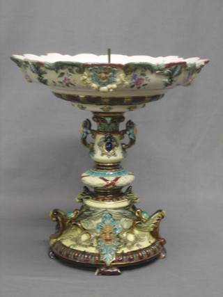 A 19th Century Majolica style table centre piece with raised bowl (chipped) 15"
