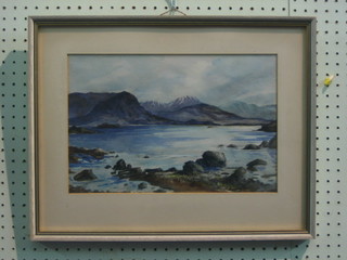 Margaret Russell, watercolour drawing "Sea Scape with Mountains" 9 1/2" x 14" labelled to reverse