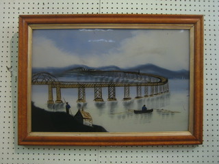 A Victorian painting on glass "The Tey Railway Bridge" 14" x 22" contained in a maple frame