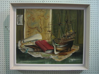 Oil painting on canvas, still life study "Model Galleon, Books and Map" 19" x 23", indistinctly signed