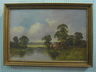 Walter Lewis, Victorian oil on canvas "Country Scene with Lake and Buildings in Distance" 19" x 30"