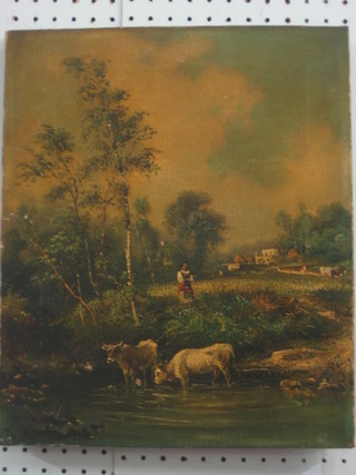 A Victorian oil on canvas "Figure with Cattle" 15" x 13"