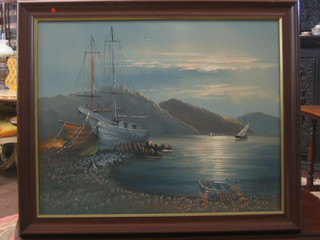 Oil painting on canvas "Continental Bay with Fishing Boats" 15" x 19", indistinctly signed