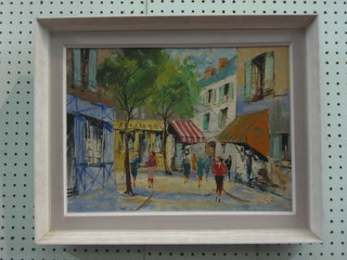 French School, oil on canvas "Impressionist Street Scene with Figures Walking" 12" x 15", indistinctly signed